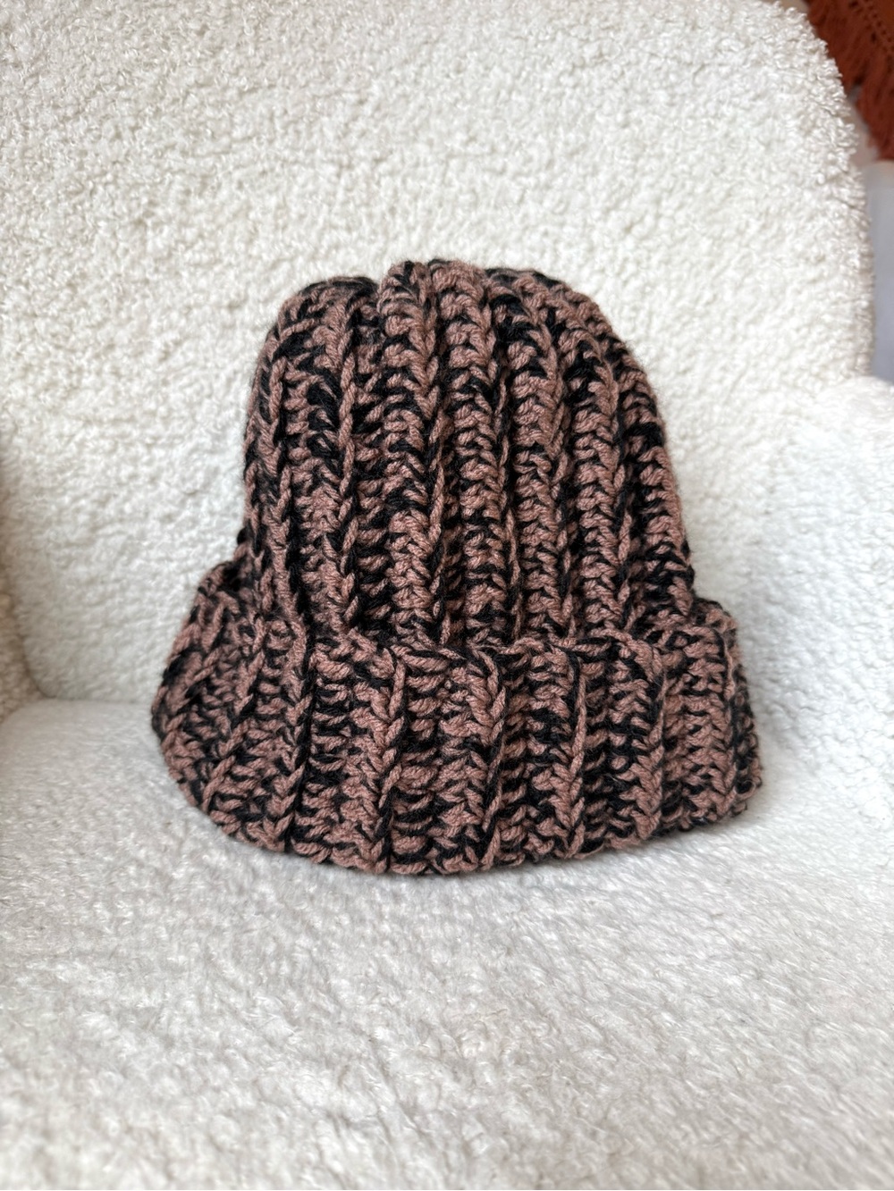 Chunky black and brown handmade crochet beanie: Winter ski fall cozy knits